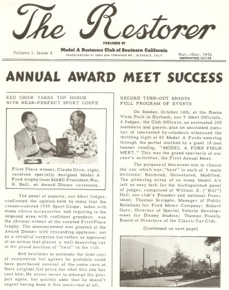 THE RESTORER - MODEL A RESTORERS CLUB SO CAL - 1956 NOV/DEC - Vol 1 No 4 REPRINT